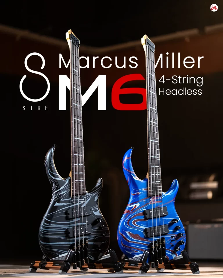Two Marcus Miller M6 4-string headless bass guitars on stands with black and blue marbled finishes. ขายราคาพิเศษ