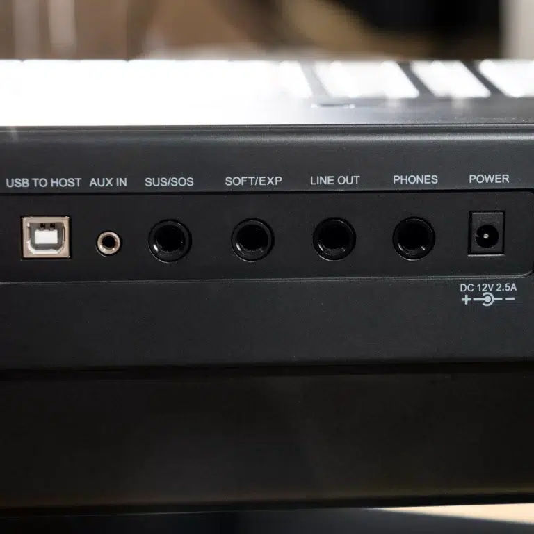 Back panel of audio device showing USB-to-host, AUX in, SUS/SOS, SOFT/EXP, LINE OUT, PHONES, and POWER ports plus DC 12V connector. ขายราคาพิเศษ