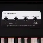 Panel on a keyboard labeled GETTING STARTED with four preset sounds: Piano, E-Piano, Strings/Choir, Organ/Others, plus/minus controls for Sound, and an ON/OFF switch icon. ขายราคาพิเศษ