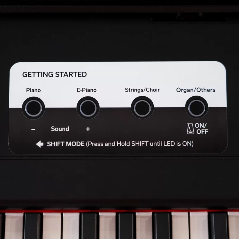 Panel on a keyboard labeled GETTING STARTED with four preset sounds: Piano, E-Piano, Strings/Choir, Organ/Others, plus/minus controls for Sound, and an ON/OFF switch icon. ขายราคาพิเศษ
