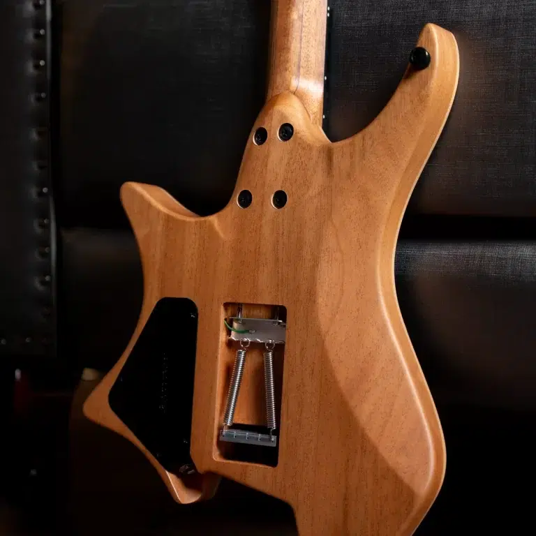 Back view of a natural wood electric guitar body with a tremolo spring cavity exposed and neck pocket visible, on a dark background ขายราคาพิเศษ