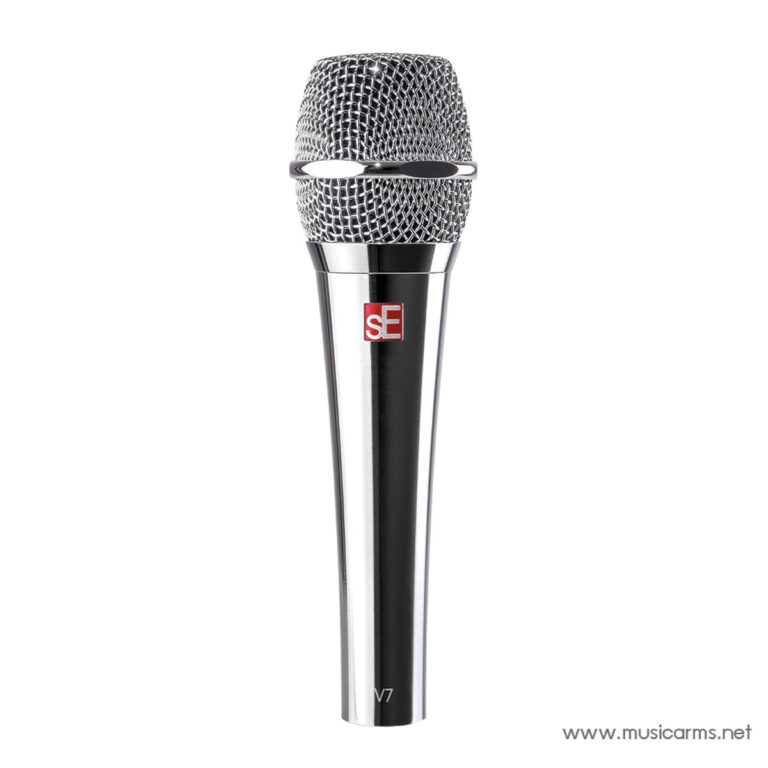 Close-up of a handheld dynamic microphone with a chrome grille and black body, logo patch near the top. ขายราคาพิเศษ