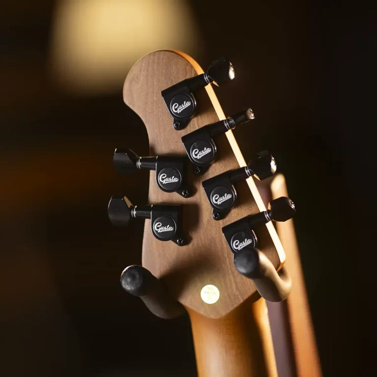 Close-up of a guitar headstock with six black tuning pegs on a warm wood neck, against a dark background. ขายราคาพิเศษ