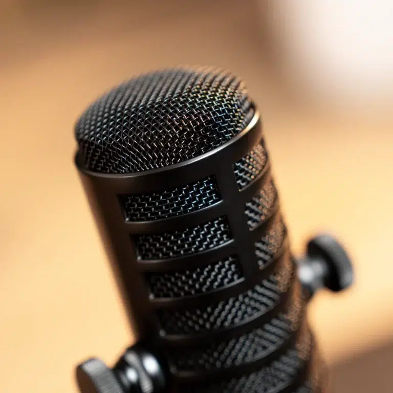 Close-up of a black microphone with a mesh grille on a stand, angled to the left. ขายราคาพิเศษ
