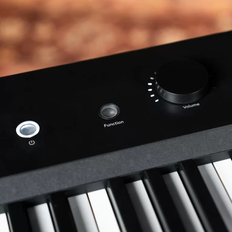Close-up of a black digital piano control panel with a large Volume knob, a Function button, and a power indicator button nearby. ขายราคาพิเศษ