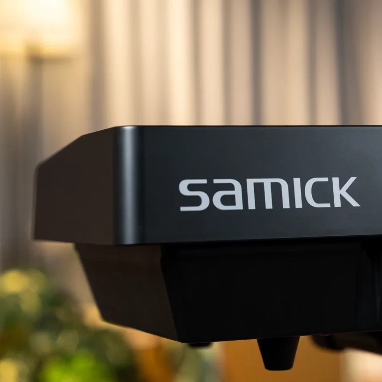 Close-up of a black instrument with the white 'samick' logo on the side ขายราคาพิเศษ