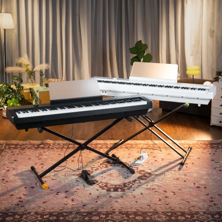 Two electronic pianos on adjustable stands in a cozy studio with plants, a rug, and warm lighting. ขายราคาพิเศษ
