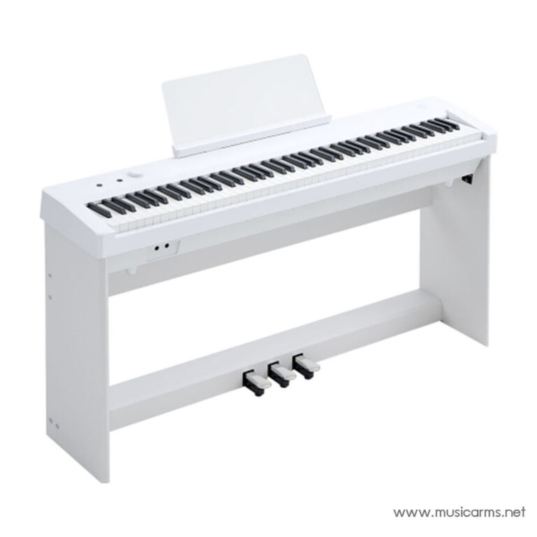 White digital piano on a matching white stand with a sheet music rest and three pedals at the base (brand watermark www.musicarms.net). ขายราคาพิเศษ
