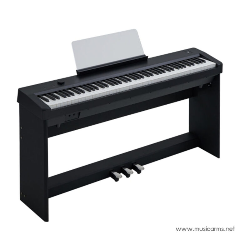 Black digital piano on a stand with a sheet music rack and three pedals visible beneath the keyboard area ขายราคาพิเศษ