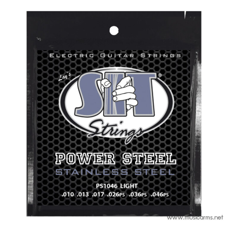 Package for SIT Power Steel stainless steel electric guitar strings (.010 .013 .017 .026 .036 .046) with a hexagon mesh background and SIT logo featuring a hand gripping strings. ขายราคาพิเศษ