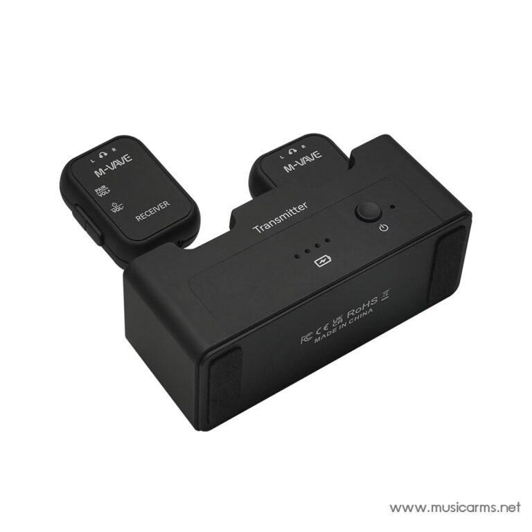 Black compact Bluetooth transmitter with two wireless earpiece modules labeled L and R attached to each side. ขายราคาพิเศษ