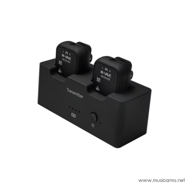 Black dual-channel wireless microphone system with two belt-pack receivers docked in a charging base labeled 'Transmitter' on the front. ขายราคาพิเศษ