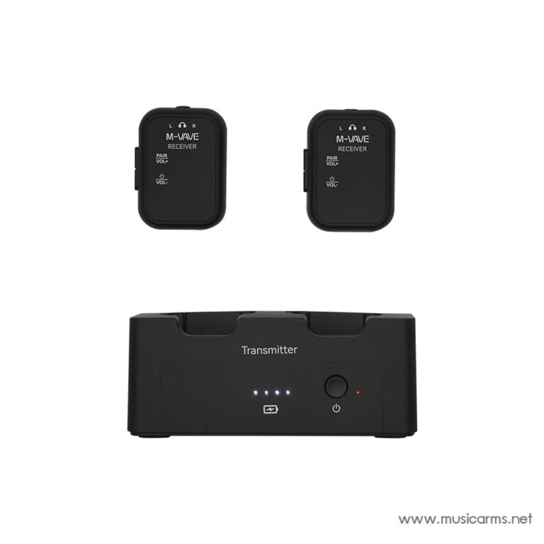 Wireless audio transmitter base with two matching black receivers (M-WAVE) for a wireless mic system. ขายราคาพิเศษ