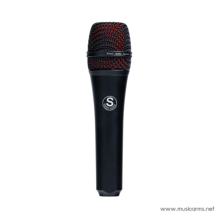 Black handheld microphone with a red mesh grille and a circular 'S' logo on the body against a white background. ขายราคาพิเศษ
