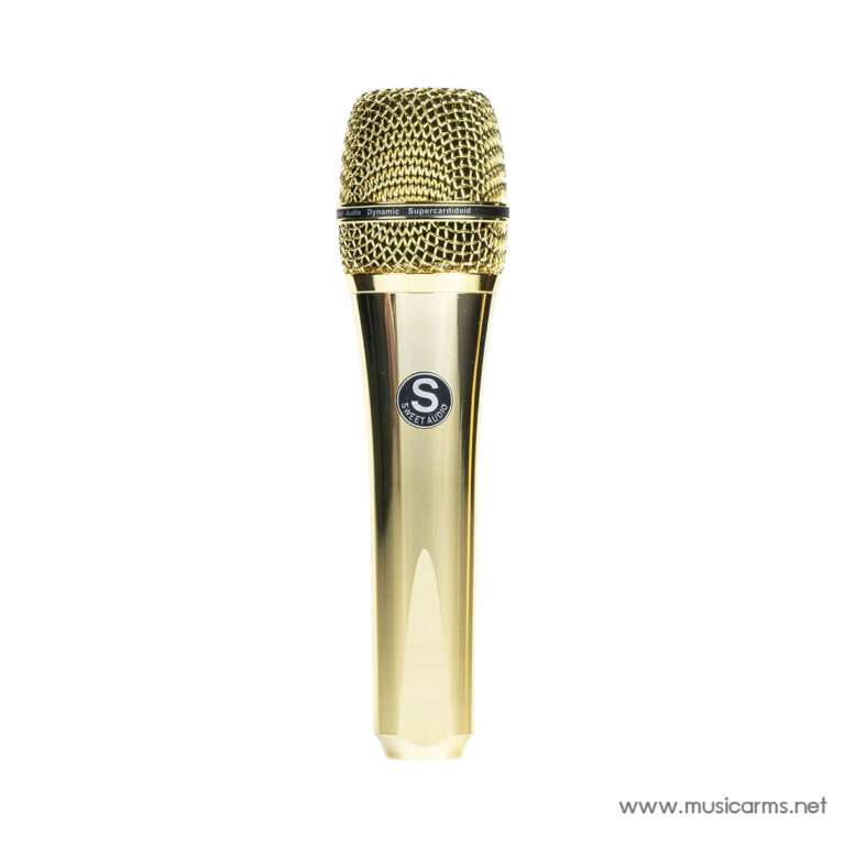 Gold-plated handheld microphone with a mesh grille and a circular S logo on the shaft, against a white background. ขายราคาพิเศษ