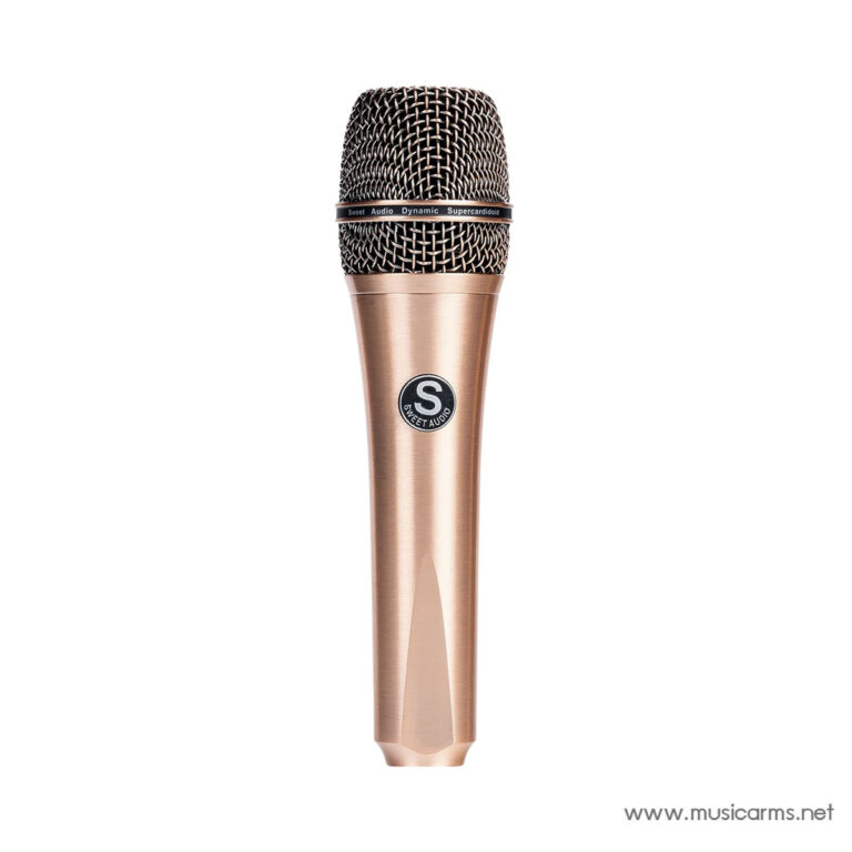 Copper-colored handheld microphone with a black mesh head and a logo badge on the body. ขายราคาพิเศษ