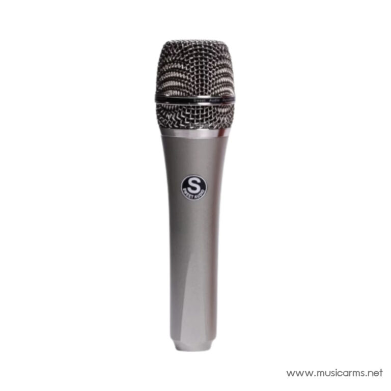 Handheld dynamic microphone with a metal mesh grille and gray body, facing forward. ขายราคาพิเศษ
