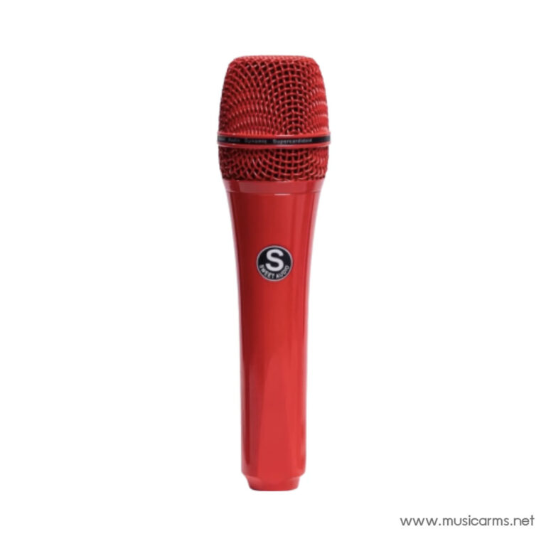 Red handheld microphone with a black S logo on the body, standing upright against a white background. ขายราคาพิเศษ