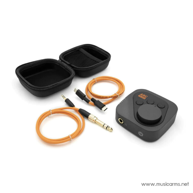 Compact audio interface with a large front knob, orange cables, adapters, and a small black case on a white background, labeled ARC. ขายราคาพิเศษ