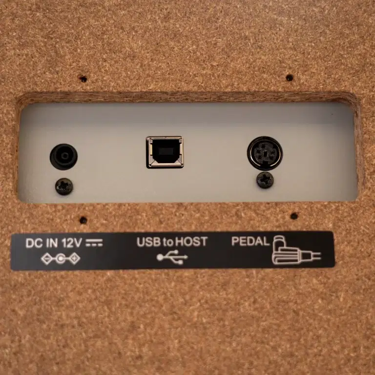 Back panel of a device showing DC 12V input, USB-to-host port, and a pedal connector inside a cork-bordered enclosure. ขายราคาพิเศษ
