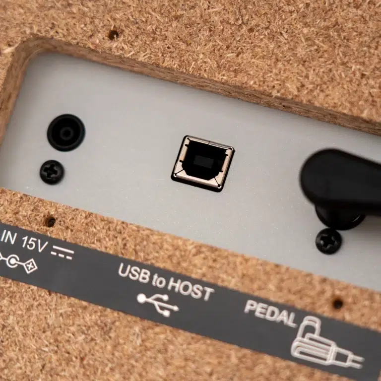 Close-up of a device rear panel with a square USB port and pedal jack, mounted in a cork enclosure; labels read USB to HOST and PEDAL ขายราคาพิเศษ