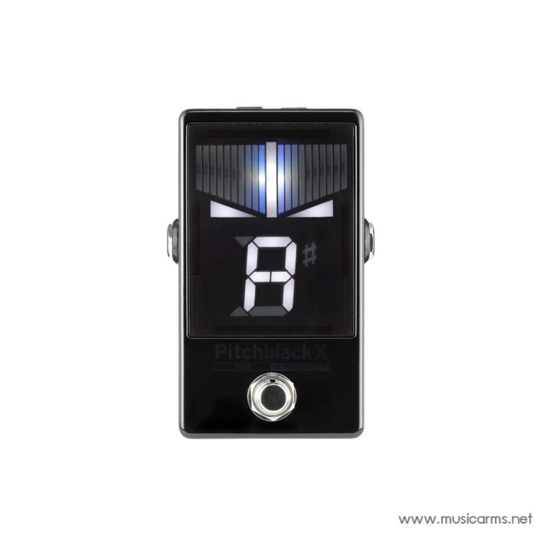 Black guitar pedal tuner with a large digital display showing the number 9 and a metallic footswitch labeled Pitchblack X (site: musicarms.net) ขายราคาพิเศษ
