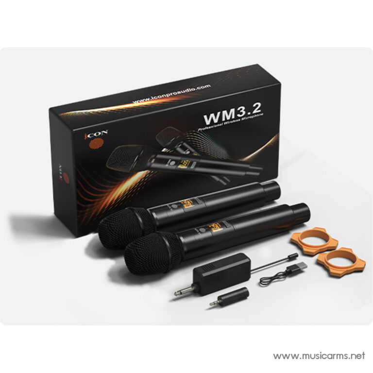 Wireless microphone kit (WM3.2) with two handheld mics, box, adapters, and accessories on a white surface ขายราคาพิเศษ
