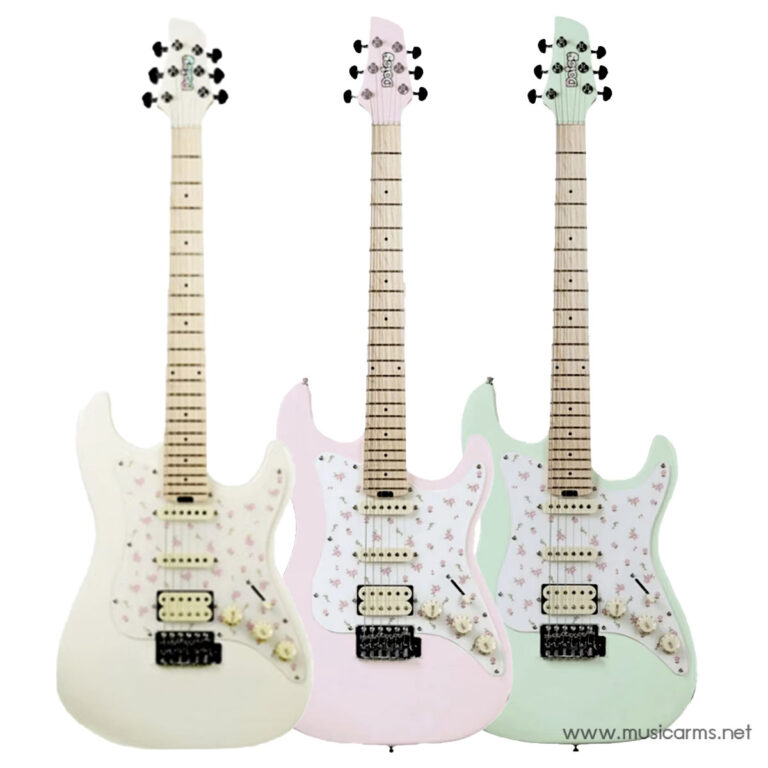 Three pastel electric guitars with floral pickguards arranged side by side (cream, pink, mint). ขายราคาพิเศษ