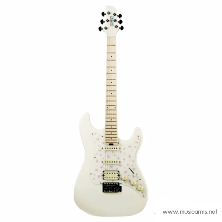 White electric guitar with pink flower decals and a maple neck, three pickups, and a black tremolo bridge. ขายราคาพิเศษ