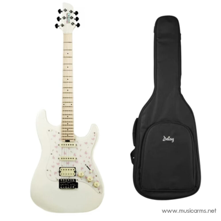 White electric guitar with pink floral decals and a cream neck, shown next to a black padded guitar gig bag. ขายราคาพิเศษ