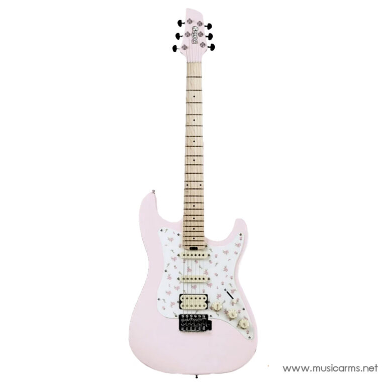 Pink electric guitar with a floral-patterned white pickguard and maple neck on a white background ขายราคาพิเศษ