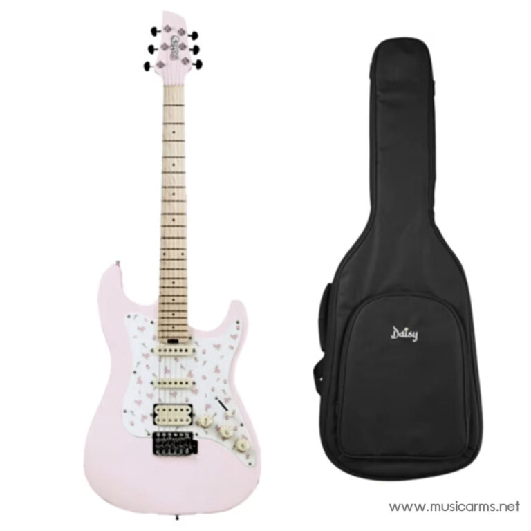 Pink electric guitar with a white floral pickguard and maple neck, shown beside a black gig bag. ขายราคาพิเศษ