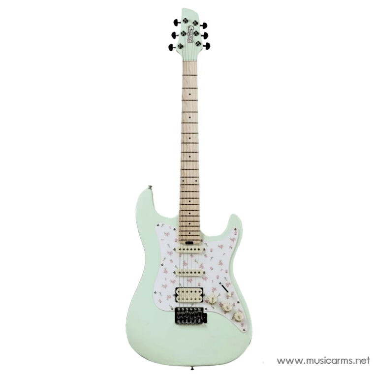Mint green electric guitar with a floral white pickguard and maple neck, Strat-style body, shown full length. ขายราคาพิเศษ