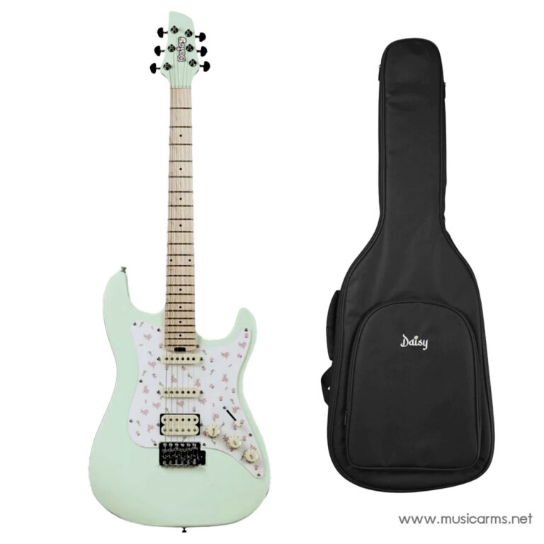 Mint green electric guitar with a floral pickguard beside a black Daisy gig bag. ขายราคาพิเศษ