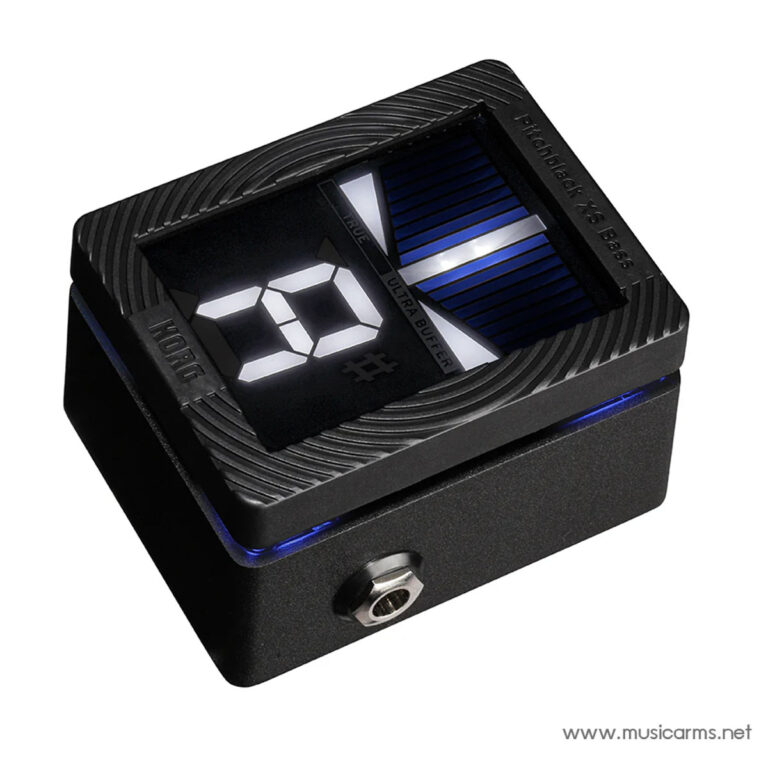 Compact guitar pedal tuner with a digital LED readout and blue status LEDs, shown at an angle. ขายราคาพิเศษ