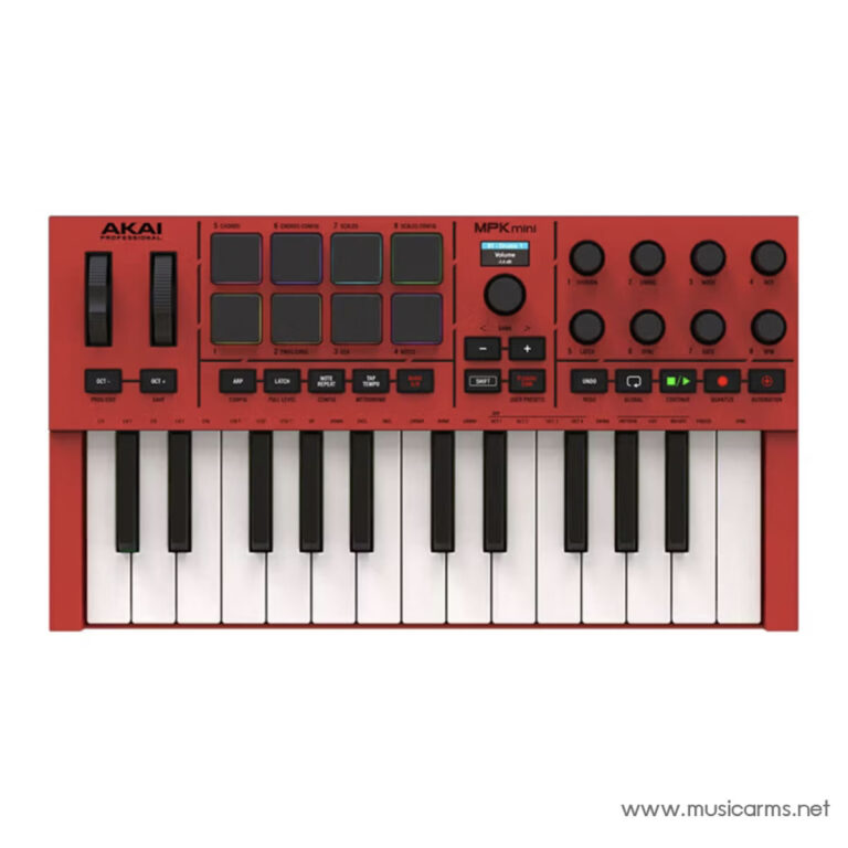 Red AKAI MPK mini MIDI keyboard controller with 25 keys, pads, and control knobs visible on the top panel as a compact studio keyboard ขายราคาพิเศษ