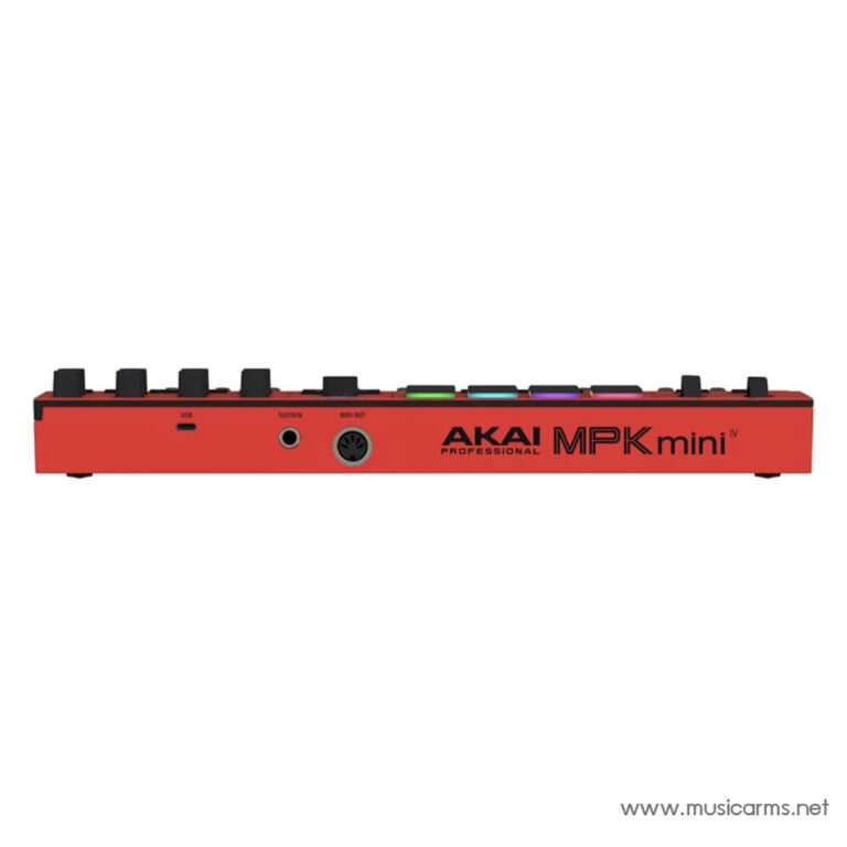 Red AKAI MPK mini USB MIDI keyboard controller with colored backlit pads, shown from the side ขายราคาพิเศษ