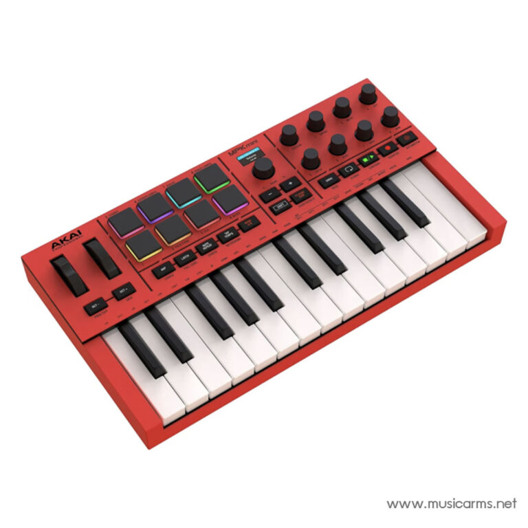 Red Akai MPC Mini music production controller with 16 color-lit pads, knobs, and compact keyboard ขายราคาพิเศษ