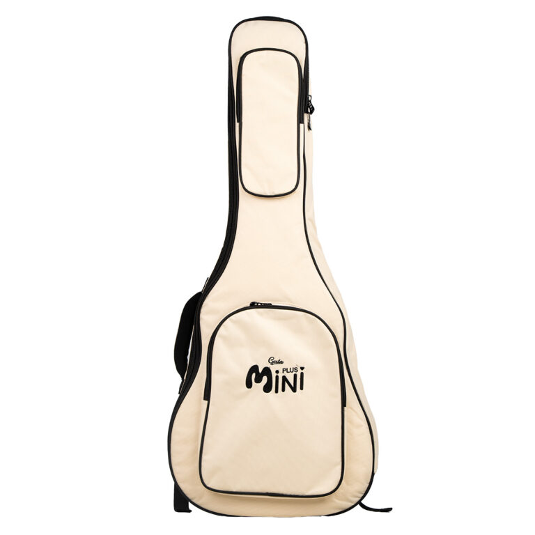 Beige soft guitar case with black trim and a front pocket, standing upright as a musical instrument bag ขายราคาพิเศษ