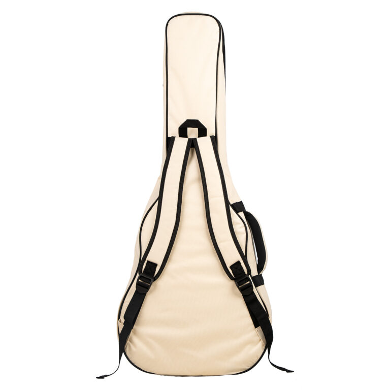 Beige guitar case with black straps seen from the back, padded for transport. ขายราคาพิเศษ