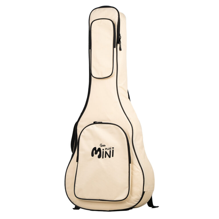Beige guitar case with black trim and two zippered pockets standing upright outside its case shape ขายราคาพิเศษ