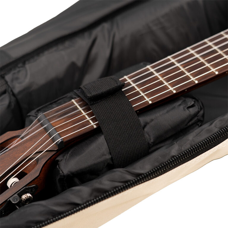 Guitar neck secured with a black strap inside a padded case, zipper open nearby ขายราคาพิเศษ