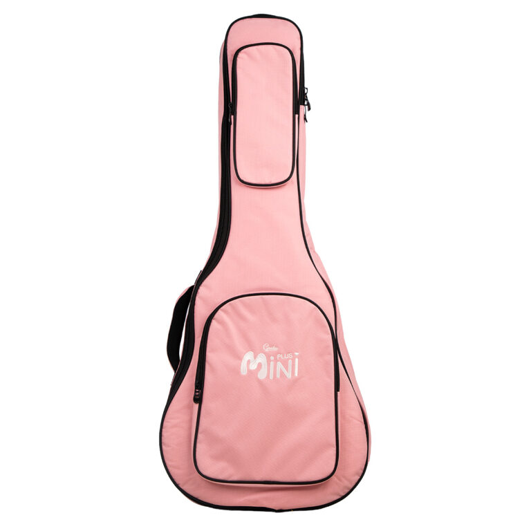 Pink guitar case with black trim and front pocket, labeled 'Mini'; designed for a small/children's guitar. ขายราคาพิเศษ