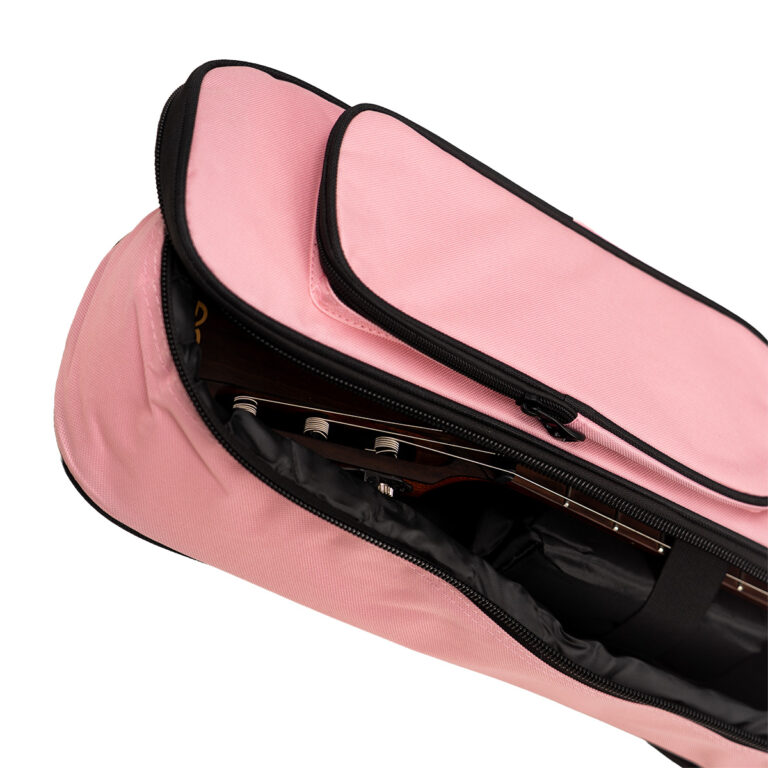Pink soft guitar case opened and unzipped, revealing a guitar inside the main compartment. ขายราคาพิเศษ