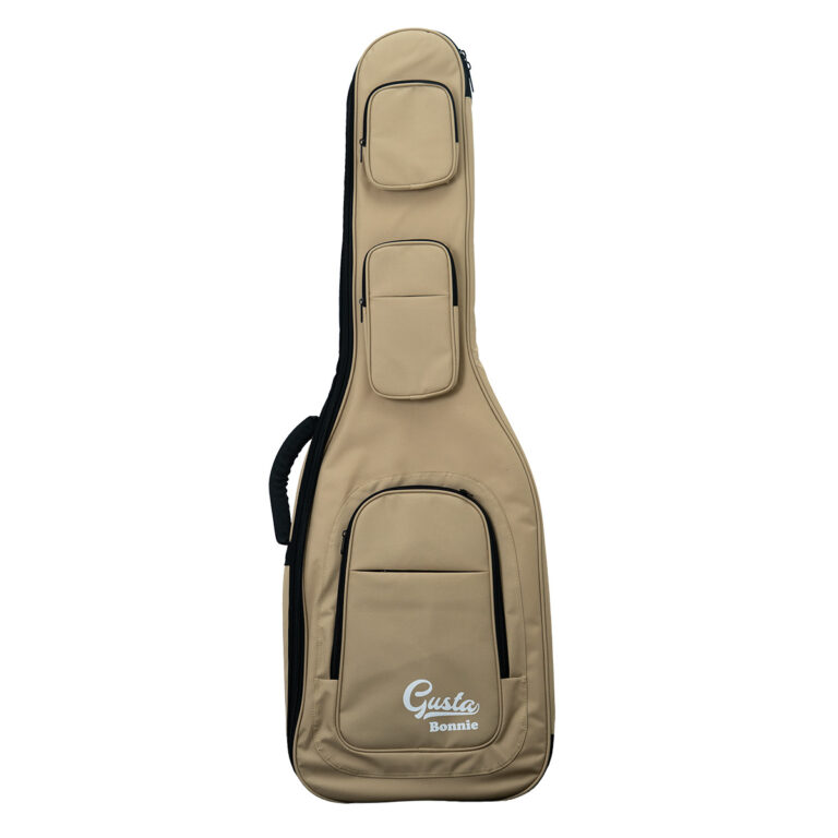 Beige soft guitar case with multiple zippered pockets and a side handle, branded 'Gusta Bonnie' on the front pocket ขายราคาพิเศษ