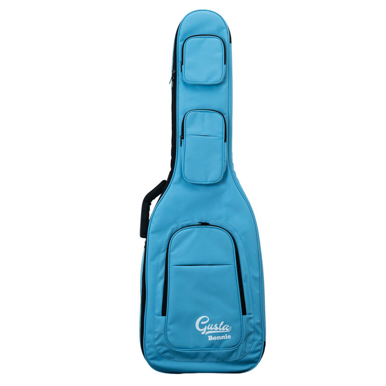 Blue padded guitar case with multiple zippered pockets along the neck and a logo near the bottom. ขายราคาพิเศษ