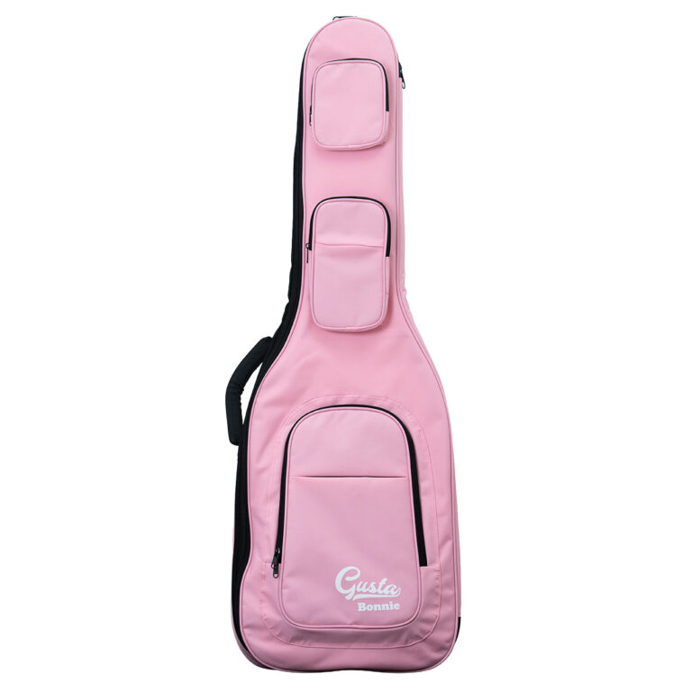 Pink guitar case with black trim and multiple zippered pockets, featuring the 'Gusta Bonnie' logo at the bottom front. ขายราคาพิเศษ