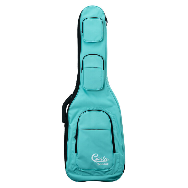 Turquoise guitar gig bag with multiple zip pockets and a carrying handle, front shows 'Gusta Bonnie' logo ขายราคาพิเศษ