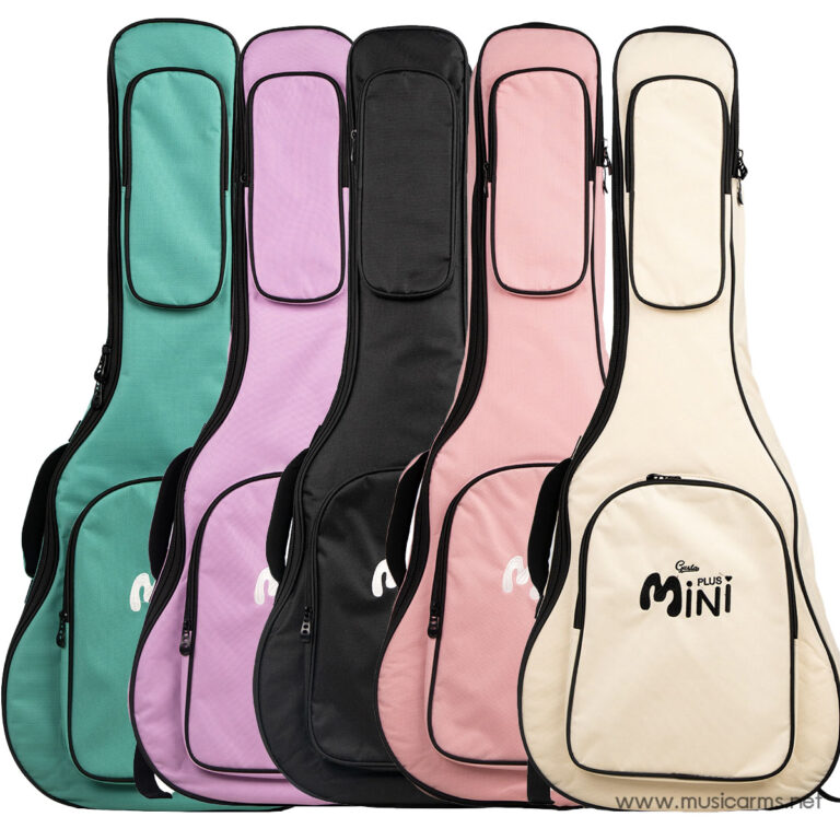 Set of six colorful guitar gig bags in green, purple, black, pink, light pink, and beige, standing upright with zippers and handles. ขายราคาพิเศษ