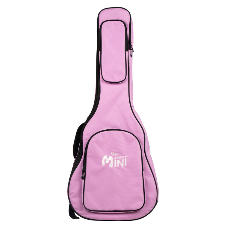 Pink guitar case with black trim and large front pocket, standing upright on its side ขายราคาพิเศษ